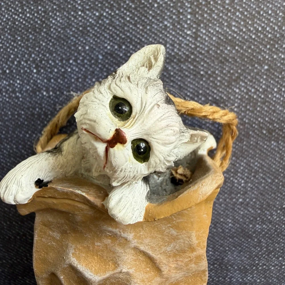 Vintage Resin Kitten in Paper Bag Figurine Ornament White Grey Cat Marked